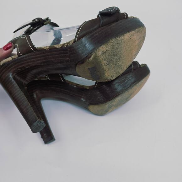 Coach Sheena Brown Leather & Wood Open Toe Heeled Platform Sandal Women's 8 B - Picture 7 of 14